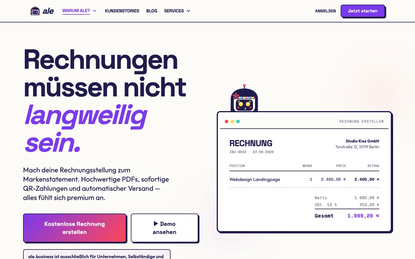 Ale: Startseite der Website