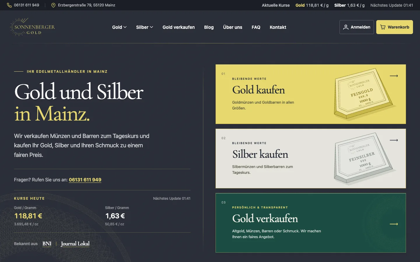 Sonnenberger Gold: Startseite der Website